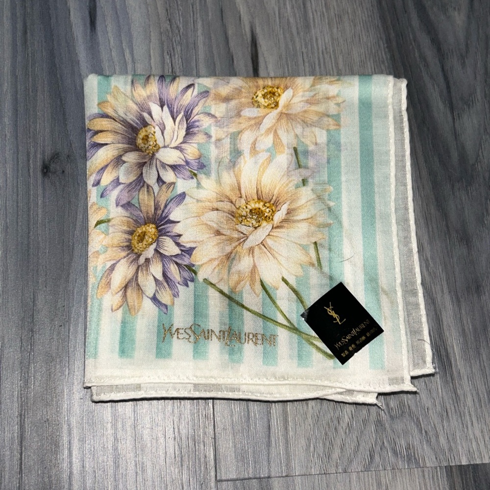 Yves Saint Laurent Vintage Mint & White Striped Floral Cotton Handkerchief Scarf - Picture 11 of 12